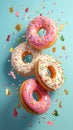 Whimsical delight pink donuts with colorful sprinkles on blue background