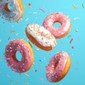 Whimsical delight pink donuts with colorful sprinkles on blue background