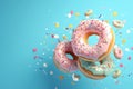 Whimsical delight pink donuts with colorful sprinkles on blue background