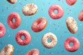 Whimsical delight pink donuts with colorful sprinkles on blue background