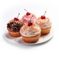 Whimsical Delights - Four Delectable Cupcakes with Red Cherries on a Gleaming White Plate - generative AI