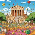 Whimsical depiction of ancient Greek temple transformed into a giant piggy bank