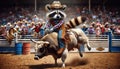 Raccoon riding a bull at a rodeo