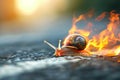 Whimsical depiction of a snail with wheels racing fast with flames behind Royalty Free Stock Photo