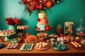 a whimsical dessert table, featuring festive treats and confections in holiday colors Royalty Free Stock Photo