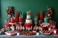 a whimsical dessert table, featuring festive treats and confections in holiday colors