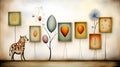 Whimsical digital art of a patterned cat with framed images of balloons and a flower.