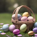 An enchanting image of Easter eggs in a rustic basket, generative AI Royalty Free Stock Photo
