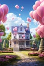 Whimsical digital backdrop with colorful balloons, fluffy clouds, and charming flowers
