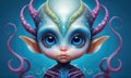A whimsical, digital illustration of an alien creature with large, expressive eyes, pointed ears, and a small, delicate Royalty Free Stock Photo