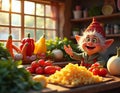 A whimsical digital illustration depicts a cheerful elf character in a kitchen setting, surrounded by an array of fresh Royalty Free Stock Photo