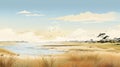 Whimsical Digital Illustration Of An Old Grassland By The Ocean