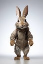 Whimsical digital illustration of a rabbit dressed in a fashionable jacket, standing upright