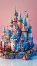 A whimsical digital illustration of a vibrant fairytale castle with colorful turrets and blossoming surroundings under a pastel