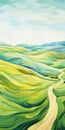 Whimsical Digital Illustration: Winding Road Through Green Hills