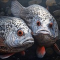 Whimsical digital painting of couple fishes on the black background. Generative AI