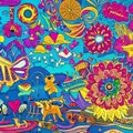 A whimsical digital texture with playful doodles and illustrations, filled with quirky characters and vibrant colors5, Generativ