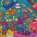 A whimsical digital texture with playful doodles and illustrations, filled with quirky characters and vibrant colors1, Generativ