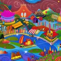 A whimsical digital texture with playful doodles and illustrations, filled with quirky characters and vibrant colors4, Generativ