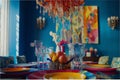 A whimsical dining room that combines modern elements with playful decor, bold colors, and unique design features Royalty Free Stock Photo