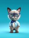 Portrait of a cute Siamese cat wearing eyeglasses and bow tie. Blue background.