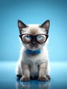 Portrait of a cute Siamese cat wearing glasses and bow tie. Blue background.