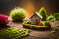 Whimsical DIY miniature fertile vegetable home garden with blur background.Ai generated