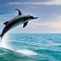 A whimsical dolphin with unicorn horn, leaping gracefully through an ocean filled with sparkling waves1, Generative AI Royalty Free Stock Photo