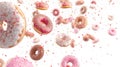 Whimsical donuts adorned with confectionery toppings soar over a pristine white background. Ai Generated