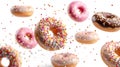 Whimsical donuts adorned with confectionery toppings soar over a pristine white background. Ai Generated