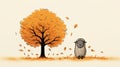 Playful Sheep Under Autumn Tree Doodle Illustration