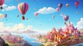 A whimsical and dreamlike scene of a hot air balloon journey