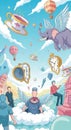 A whimsical dreamscape of floating clocks flying elephants and fantastical elements under a blue sky Royalty Free Stock Photo