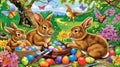 Whimsical Easter Bunnies and a Basket of Eggs Royalty Free Stock Photo