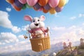 Whimsical Easter bunny in a air balloon carrying
