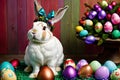 Whimsical easter bunny with christmas bow-tie headband surrounded by colorful eggs. holiday pet portrait Royalty Free Stock Photo