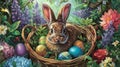 A whimsical Easter bunny peeking out from behind a basket filled with colorful eggs