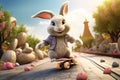 Whimsical Easter bunny riding a skateboard and