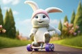 Whimsical Easter bunny riding a skateboard and