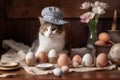 Whimsical Easter Cat in Eastern Hat with Egg on Rustic Table (AI Generated)