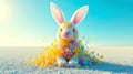 Whimsical Easter Rabbit in Vibrant Flower Meadow . Enchanting Springtime Scene