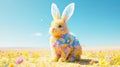 Whimsical Easter Rabbit in Vibrant Flower Meadow . Enchanting Springtime Scene