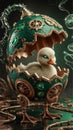 A whimsical yet eerie FabergÃ© egg with a cracked shell, revealing a small duckling inside Royalty Free Stock Photo