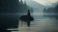 Whimsical And Eerie: A Human Sitting On A Rock In A Fogfilled Lake