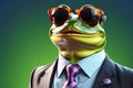 Whimsical Elegance: Generative AI Style Image of Smiling Frog Clad in Shirt and Tie, Dons Sunglasses, Embodies Humor