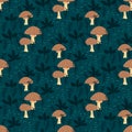 Whimsical enchanted mushroom dark forest seamless pattern with decorative leaves textured background Royalty Free Stock Photo