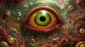 Whimsical eye painting with fantastical creatures, colorful surreal artwork colorful Royalty Free Stock Photo