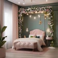 A whimsical fairy garden-inspired room with floral wallpapers, canopy beds, and twinkling fairy lights3 Royalty Free Stock Photo