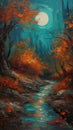 Whimsical Fairy Tale Autumn Scene in Dark Turquoise Oil Painting .