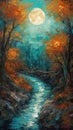 Whimsical Fairy Tale Autumn Scene in Dark Turquoise Oil Painting .